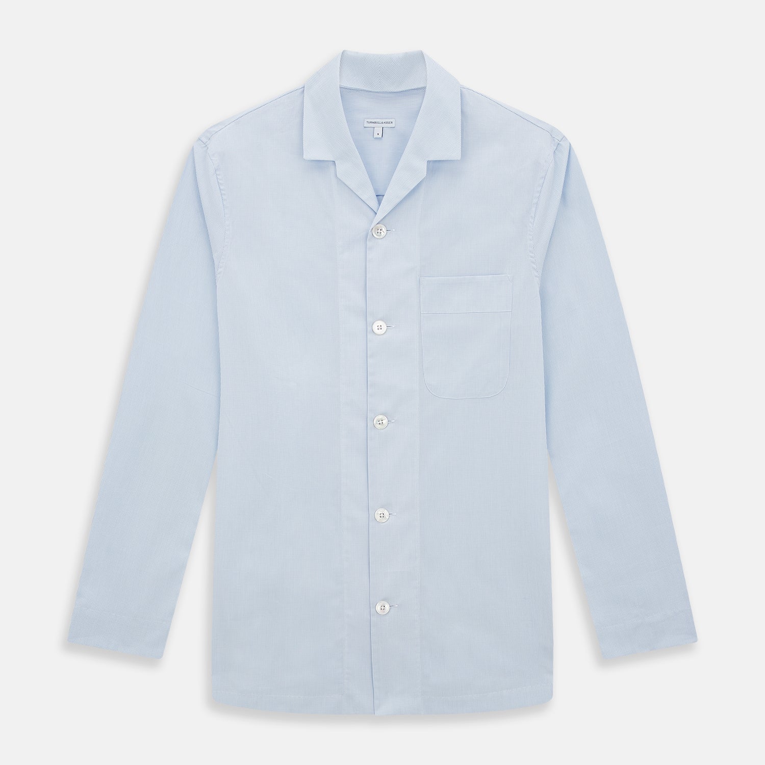 View 1 of product The Turnbull & Asser Pale Blue Fine Micro Check Pyjama Shirt features long sleeves, a notched collar, and a chest pocket—styled flat on white, ideal for elegant nightwear.