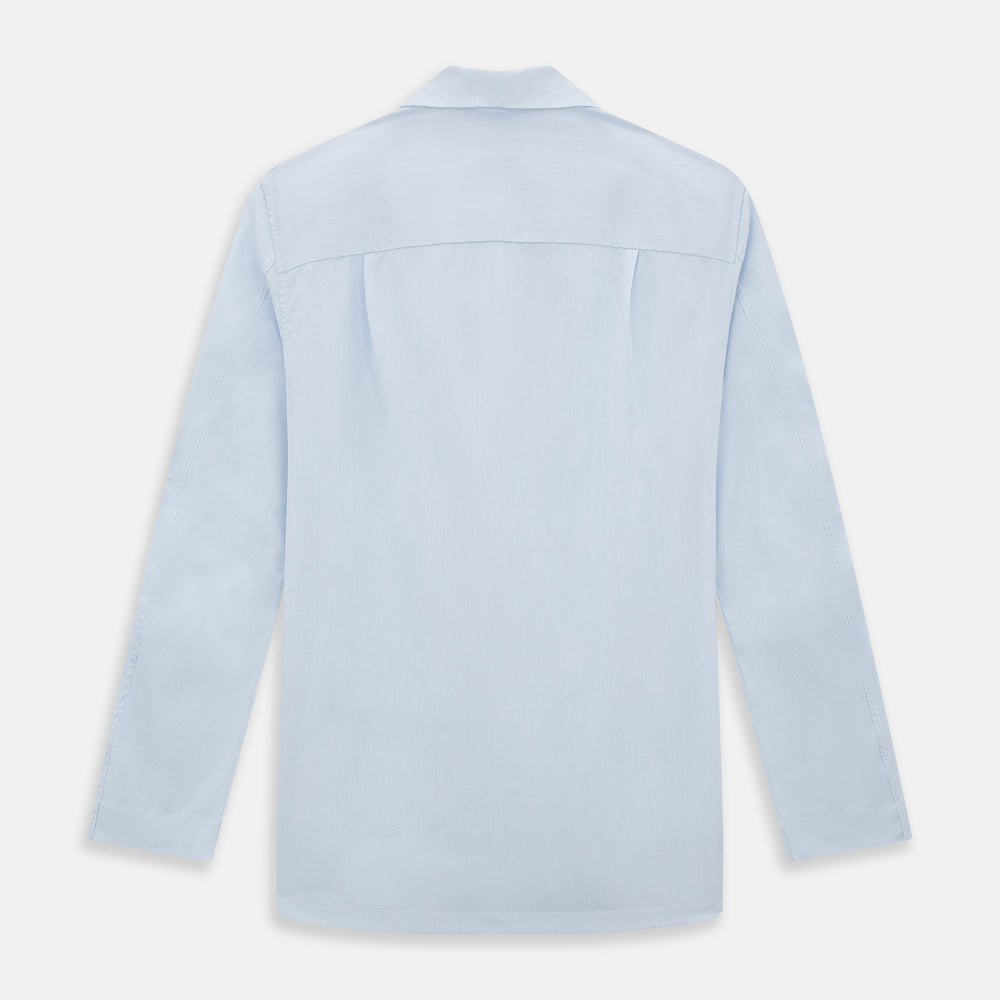 The Turnbull & Asser Pale Blue Fine Micro Check Pyjama Shirt features long sleeves, a notched collar, and a chest pocket—styled flat on white, ideal for elegant nightwear.