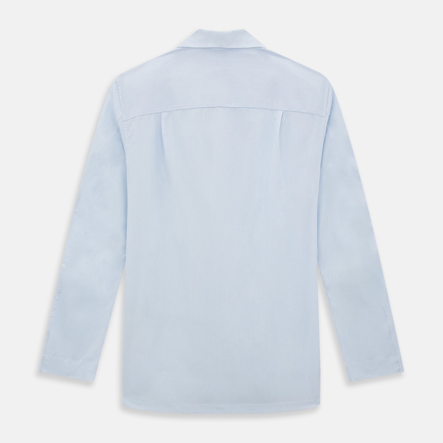 View 3 of product The Turnbull & Asser Pale Blue Fine Micro Check Pyjama Shirt features long sleeves, a notched collar, and a chest pocket—styled flat on white, ideal for elegant nightwear.