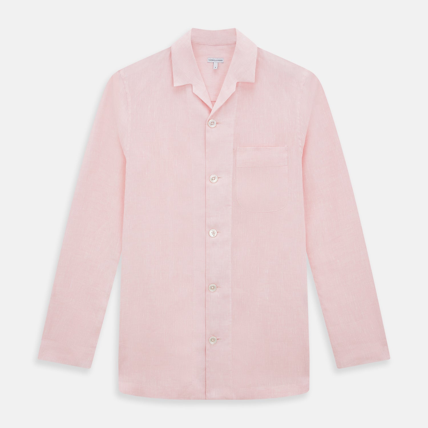 View 1 of product The Turnbull & Asser Pale Pink Linen Pyjama Shirt features long sleeves, a chest pocket, and a classic button-up design—ideal for stylish nightwear or relaxed homewear. Shown laid flat on a white background.
