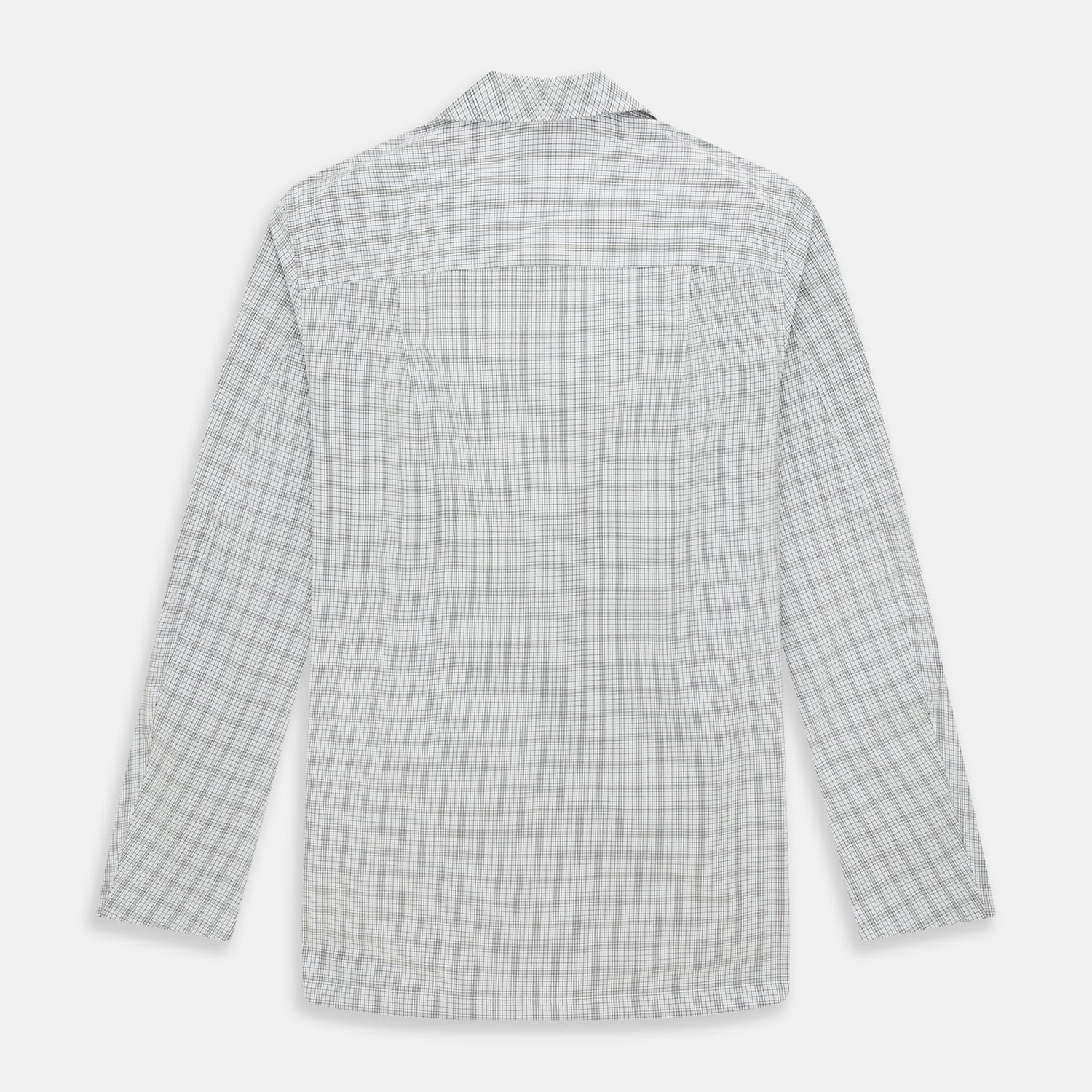View 3 of product The Turnbull & Asser Grey Fine Multi Graph Check Pyjama Shirt features light grey and white checks, a single chest pocket, and long sleeves—ideal for stylish nightwear or as a classic pyjama shirt. Shown on a white background.