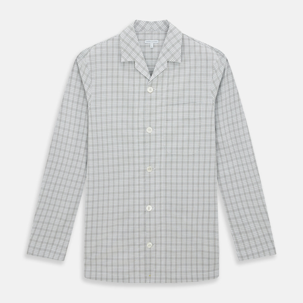 The Turnbull & Asser Grey Fine Multi Graph Check Pyjama Shirt features light grey and white checks, a single chest pocket, and long sleeves—ideal for stylish nightwear or as a classic pyjama shirt. Shown on a white background.