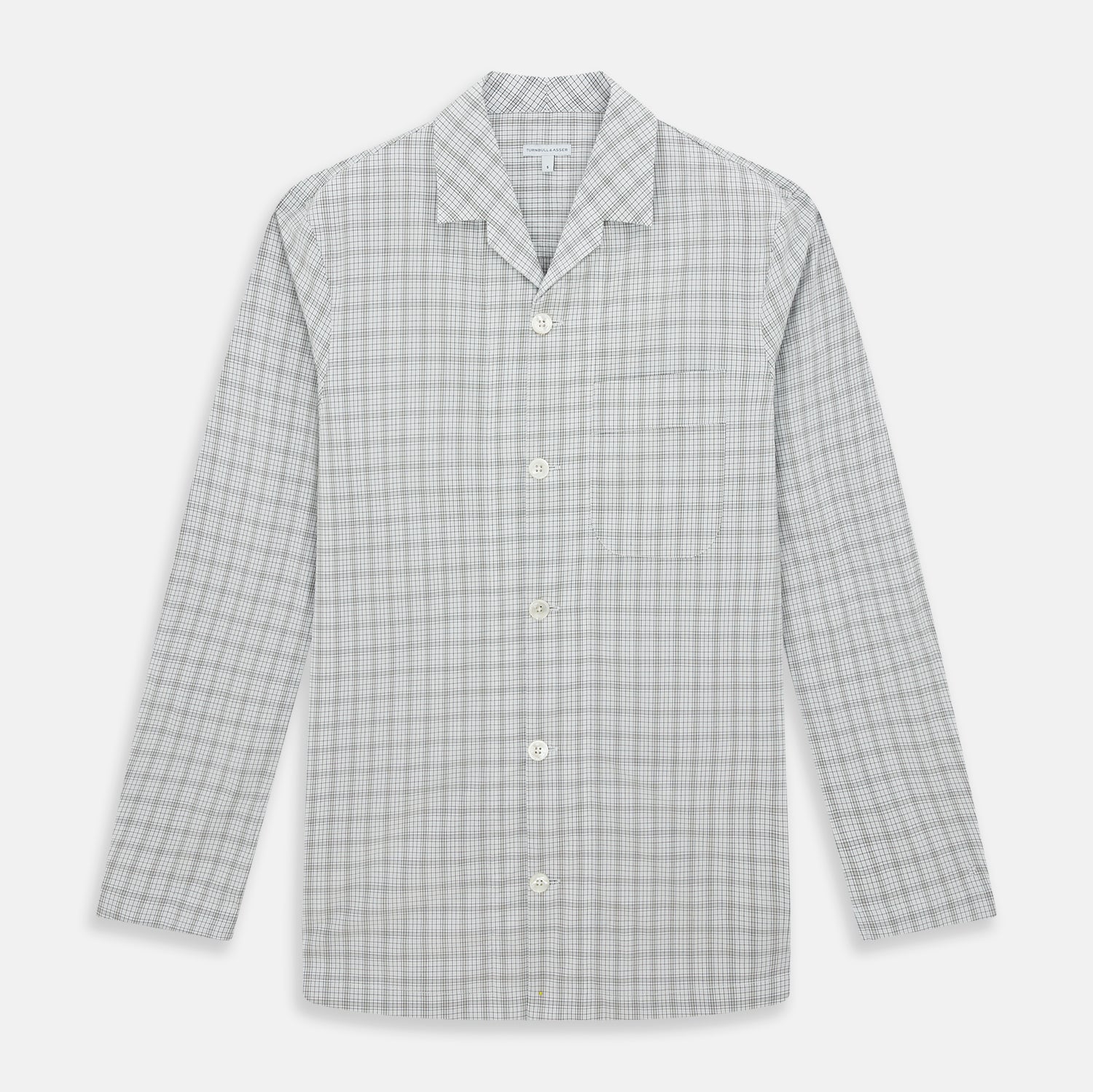 View 1 of product The Turnbull & Asser Grey Fine Multi Graph Check Pyjama Shirt features light grey and white checks, a single chest pocket, and long sleeves—ideal for stylish nightwear or as a classic pyjama shirt. Shown on a white background.