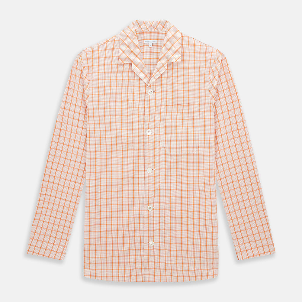 The Orange Graph Overlay Check Pyjama Shirt by Turnbull & Asser features long sleeves, a notched collar, and a front chest pocket, shown here laid flat on a white background.