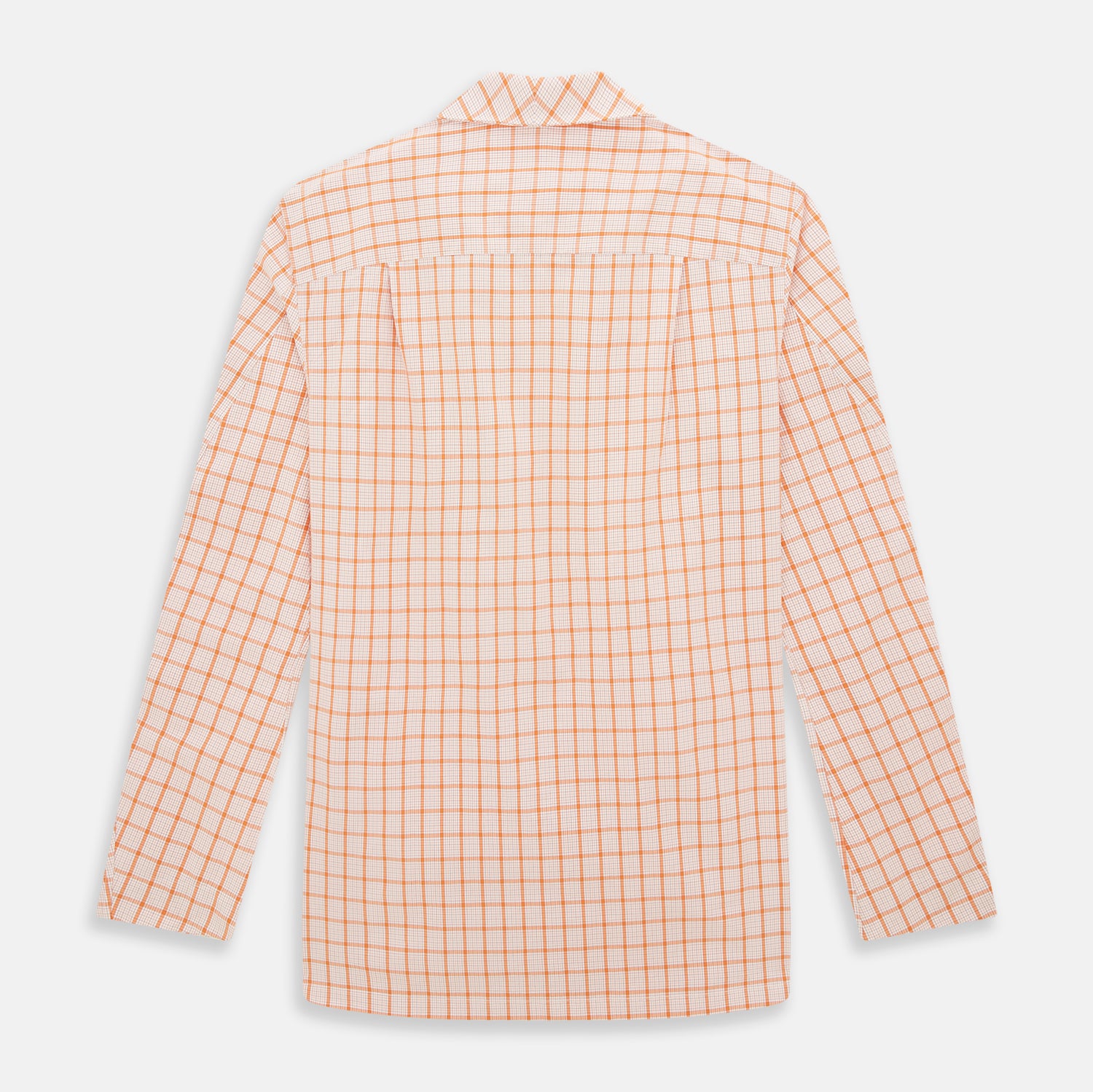 View 3 of product The Orange Graph Overlay Check Pyjama Shirt by Turnbull & Asser features long sleeves, a notched collar, and a front chest pocket, shown here laid flat on a white background.
