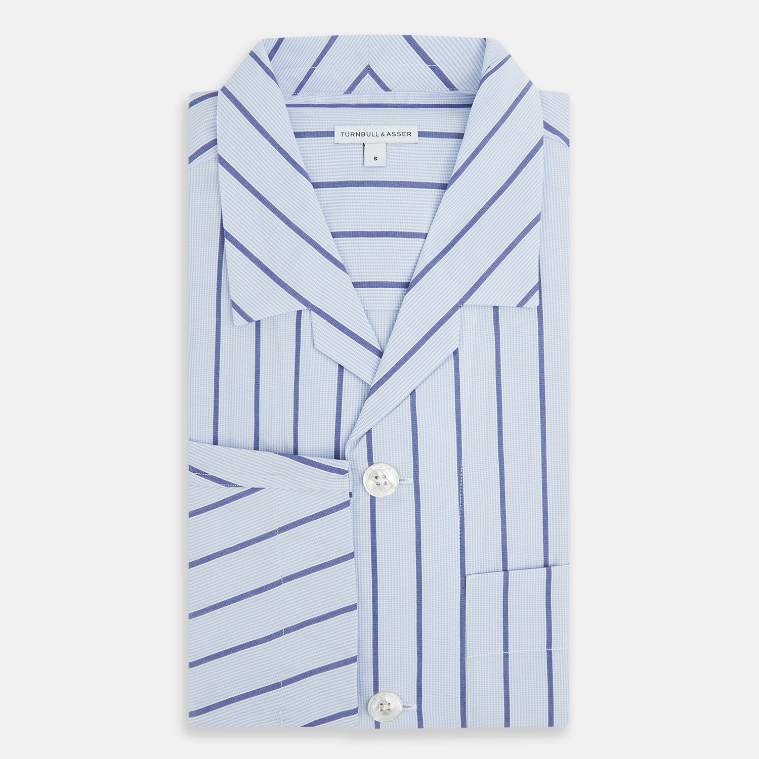 View 5 of product The Turnbull & Asser Blue Track Stripe Pyjama Shirt features a collar, white buttons, chest pocket, and vertical navy stripes—an elegant and comfortable loungewear option perfect for stylish nightwear.
