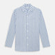 The Turnbull & Asser Blue Track Stripe Pyjama Shirt features a collar, white buttons, chest pocket, and vertical navy stripes—an elegant and comfortable loungewear option perfect for stylish nightwear.