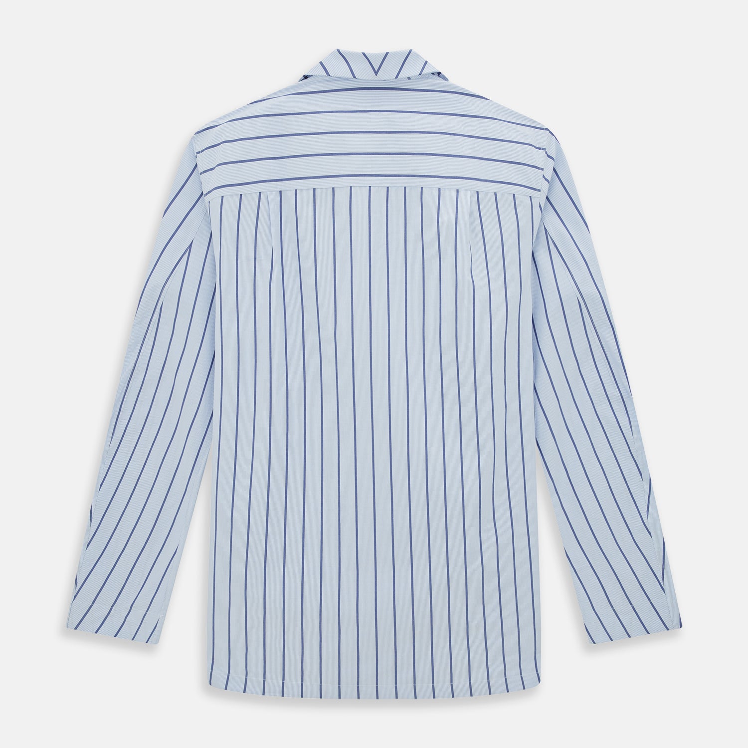 View 3 of product The Turnbull & Asser Blue Track Stripe Pyjama Shirt features a collar, white buttons, chest pocket, and vertical navy stripes—an elegant and comfortable loungewear option perfect for stylish nightwear.