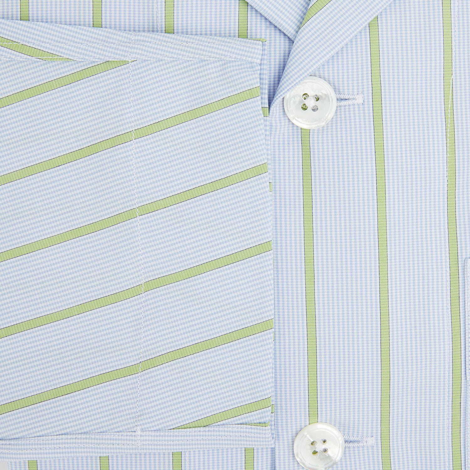 View 4 of product The Turnbull & Asser Light Green and Blue Stripe Pyjama Shirt features long sleeves, a front chest pocket, and elegant loungewear style, shown on a plain white background.