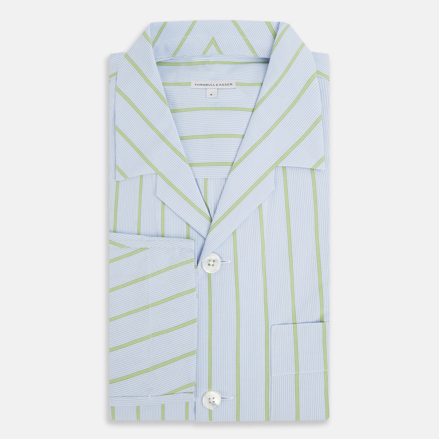 View 5 of product The Turnbull & Asser Light Green and Blue Stripe Pyjama Shirt features long sleeves, a front chest pocket, and elegant loungewear style, shown on a plain white background.