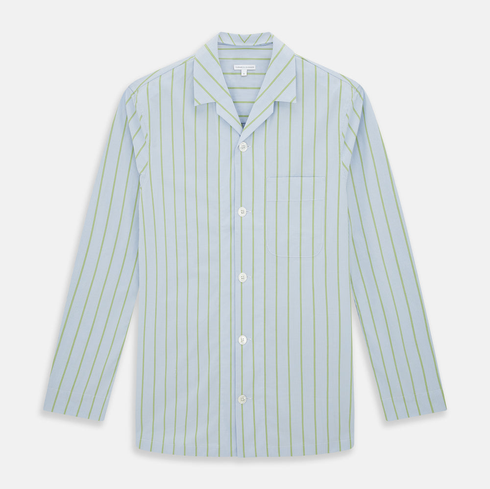 The Turnbull & Asser Light Green and Blue Stripe Pyjama Shirt features long sleeves, a front chest pocket, and elegant loungewear style, shown on a plain white background.