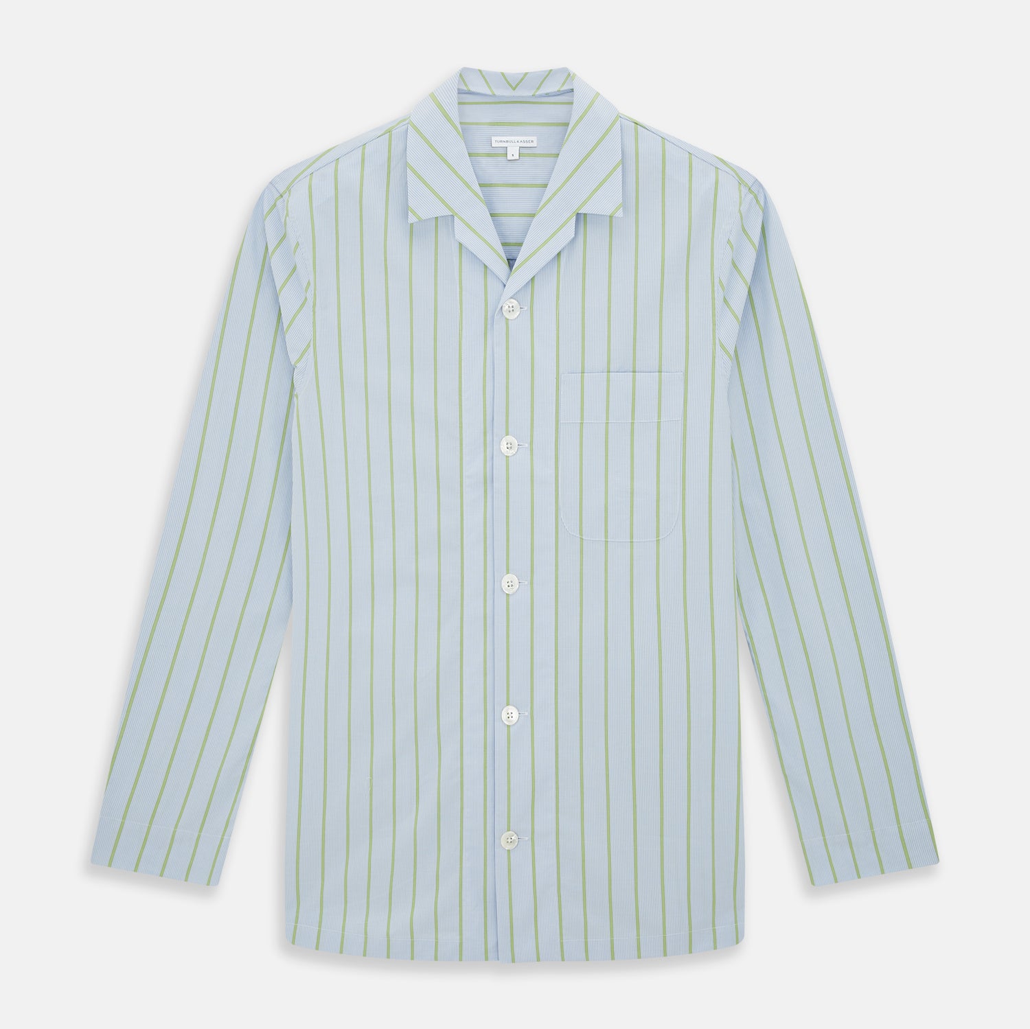 View 1 of product The Turnbull & Asser Light Green and Blue Stripe Pyjama Shirt features long sleeves, a front chest pocket, and elegant loungewear style, shown on a plain white background.