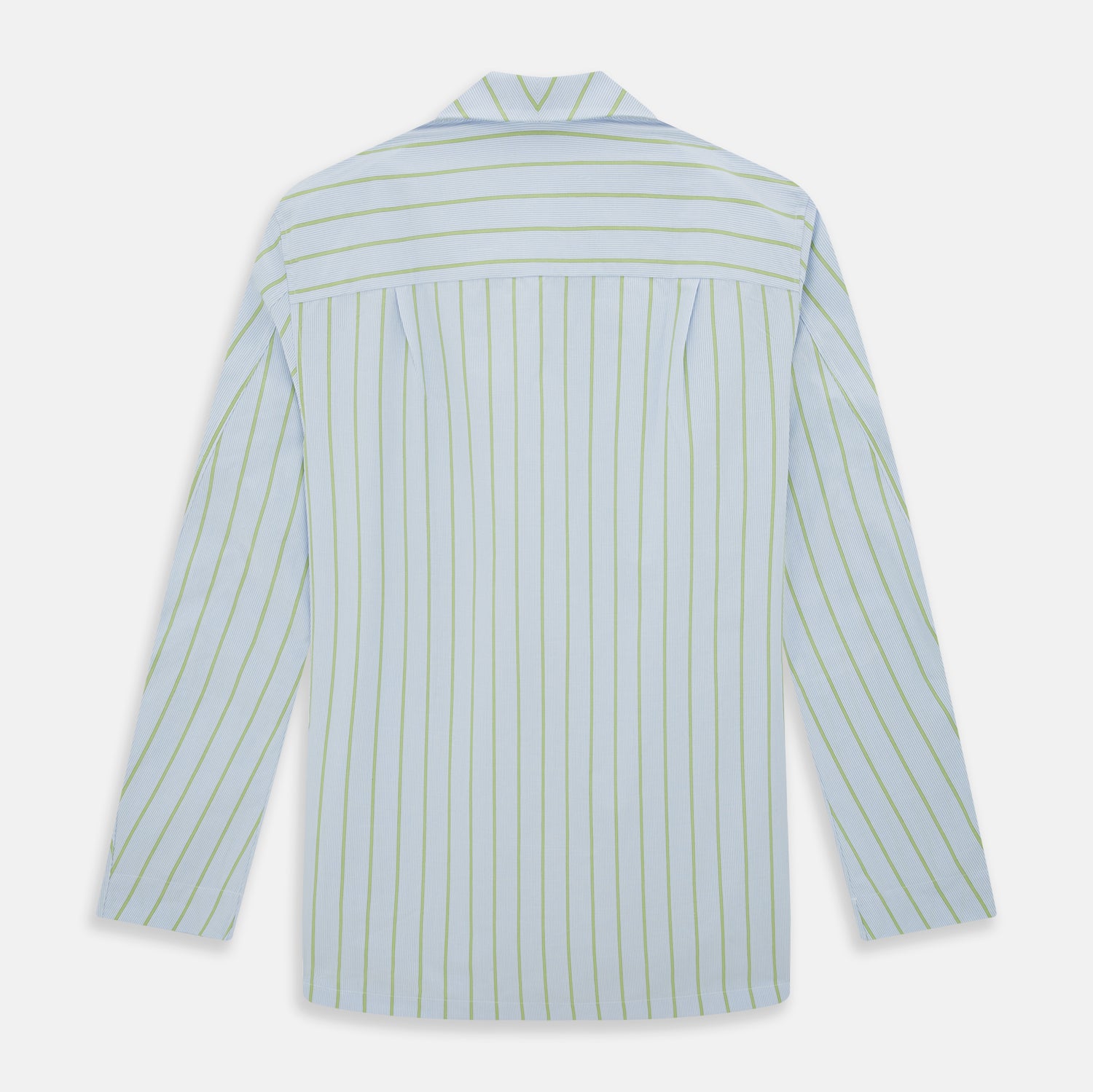 View 3 of product The Turnbull & Asser Light Green and Blue Stripe Pyjama Shirt features long sleeves, a front chest pocket, and elegant loungewear style, shown on a plain white background.