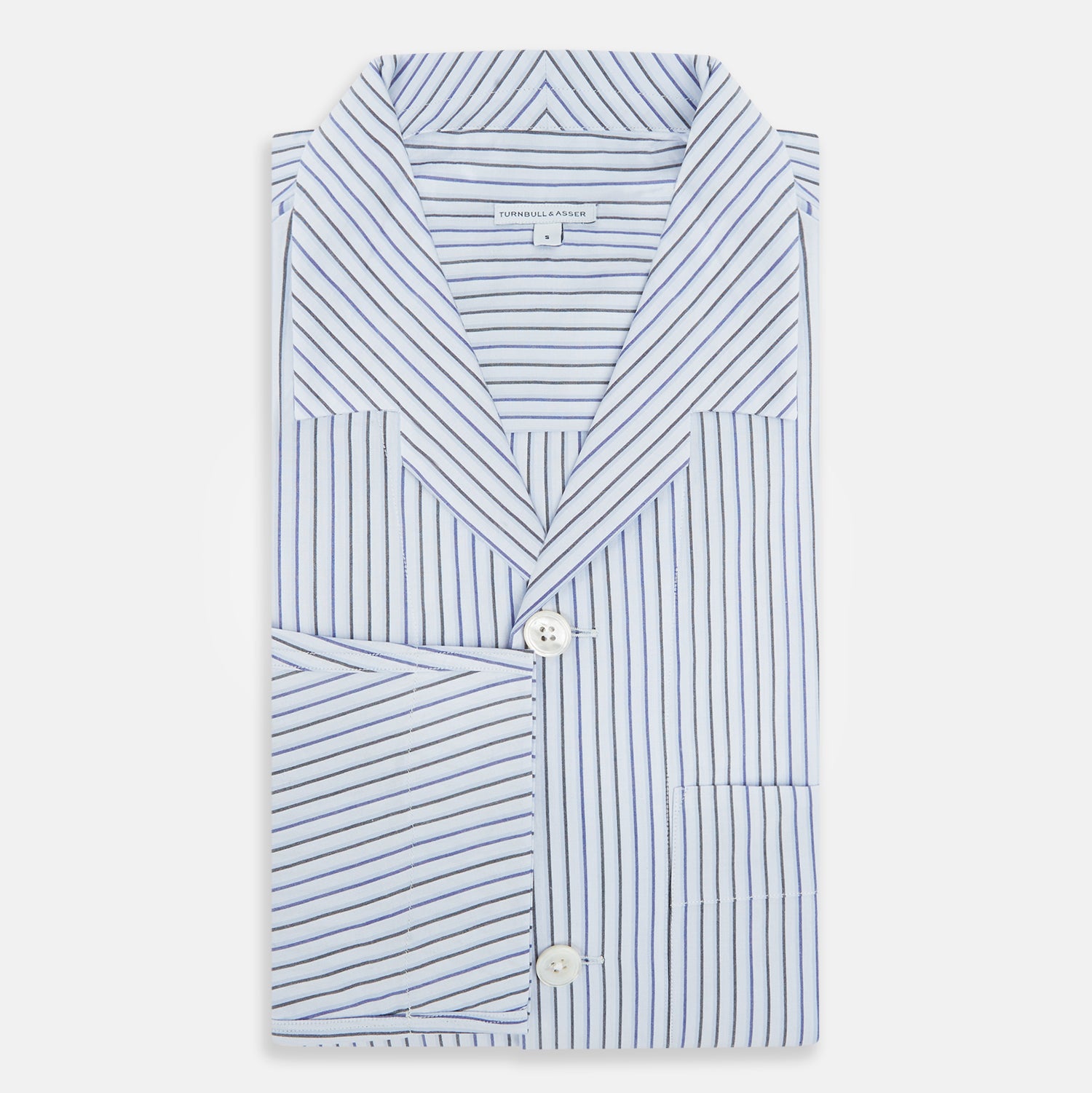 View 5 of product The Turnbull & Asser Blue Shadow Pinstripe Pyjama Shirt features blue and white vertical stripes, a chest pocket, and long sleeves—ideal for elegant homewear, shown against a white background.