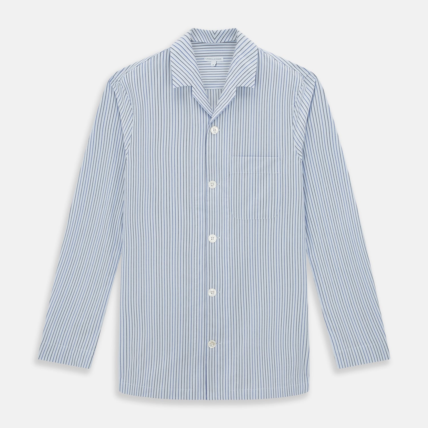 View 1 of product The Turnbull & Asser Blue Shadow Pinstripe Pyjama Shirt features blue and white vertical stripes, a chest pocket, and long sleeves—ideal for elegant homewear, shown against a white background.