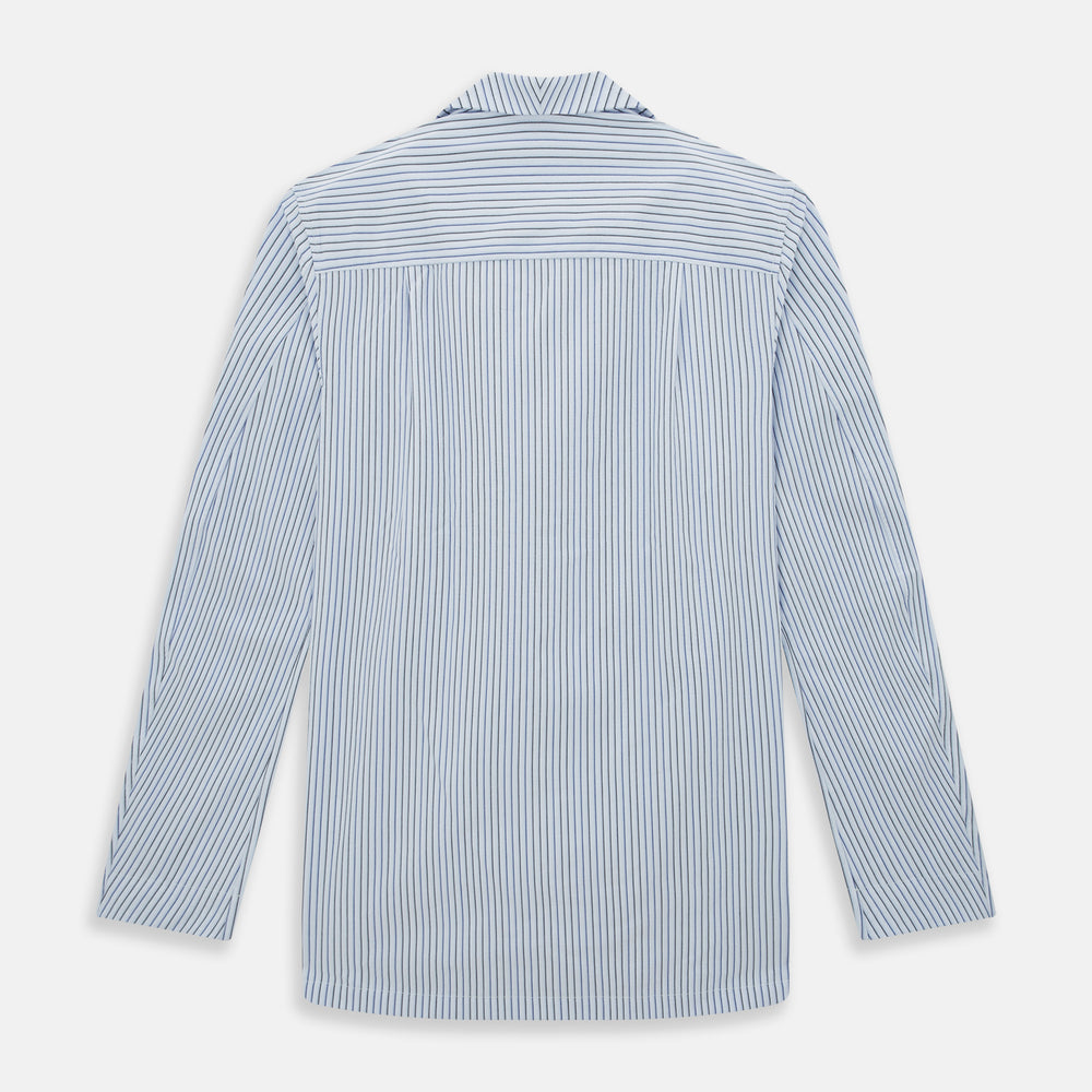 The Turnbull & Asser Blue Shadow Pinstripe Pyjama Shirt features blue and white vertical stripes, a chest pocket, and long sleeves—ideal for elegant homewear, shown against a white background.