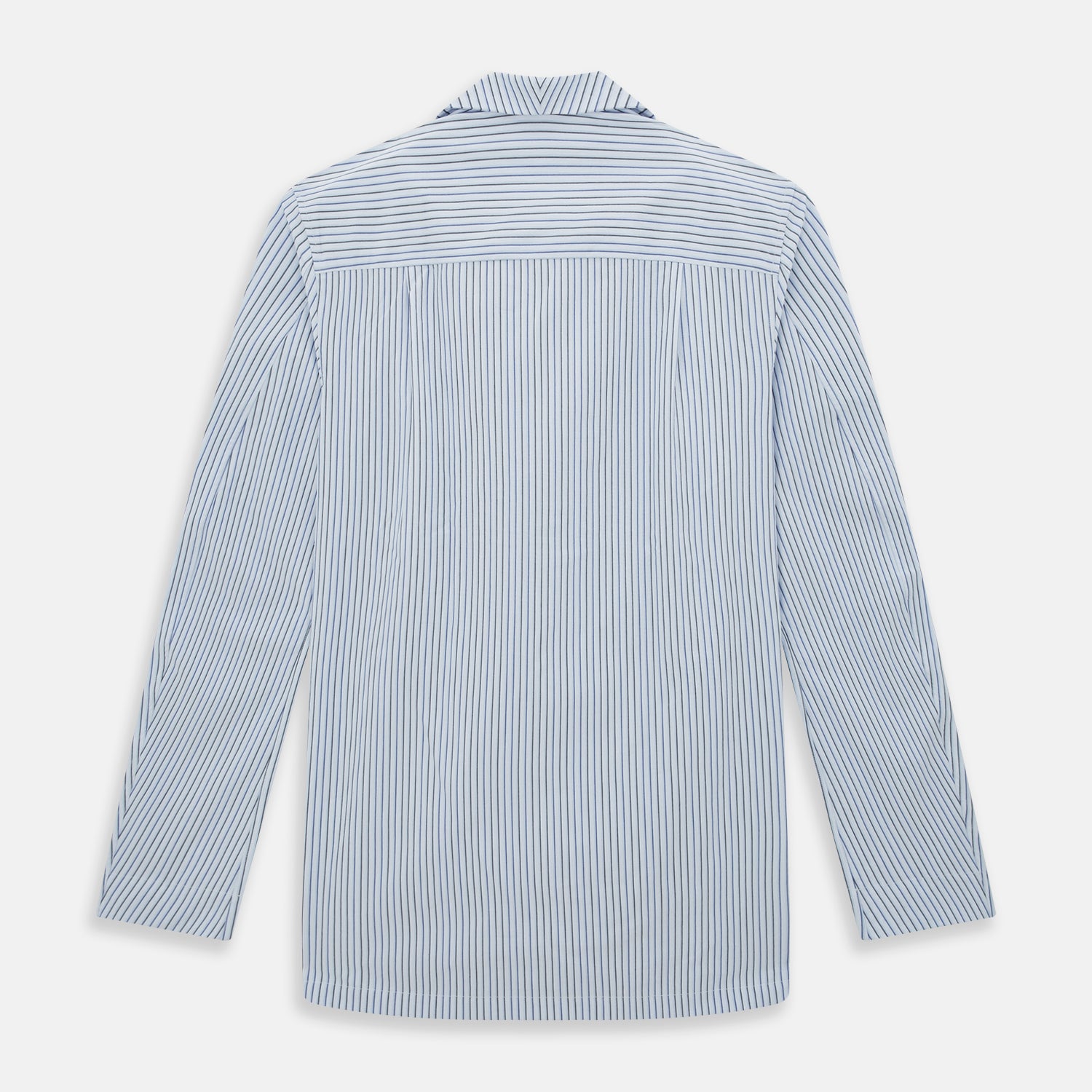 View 3 of product The Turnbull & Asser Blue Shadow Pinstripe Pyjama Shirt features blue and white vertical stripes, a chest pocket, and long sleeves—ideal for elegant homewear, shown against a white background.