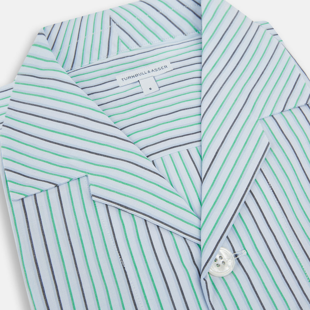 The Green and Blue Shadow Pinstripe Pyjama Shirt by Turnbull & Asser features long sleeves, a notched collar, chest pocket, and elegant green, pink, and white stripes—ideal for sophisticated loungewear or nightwear.