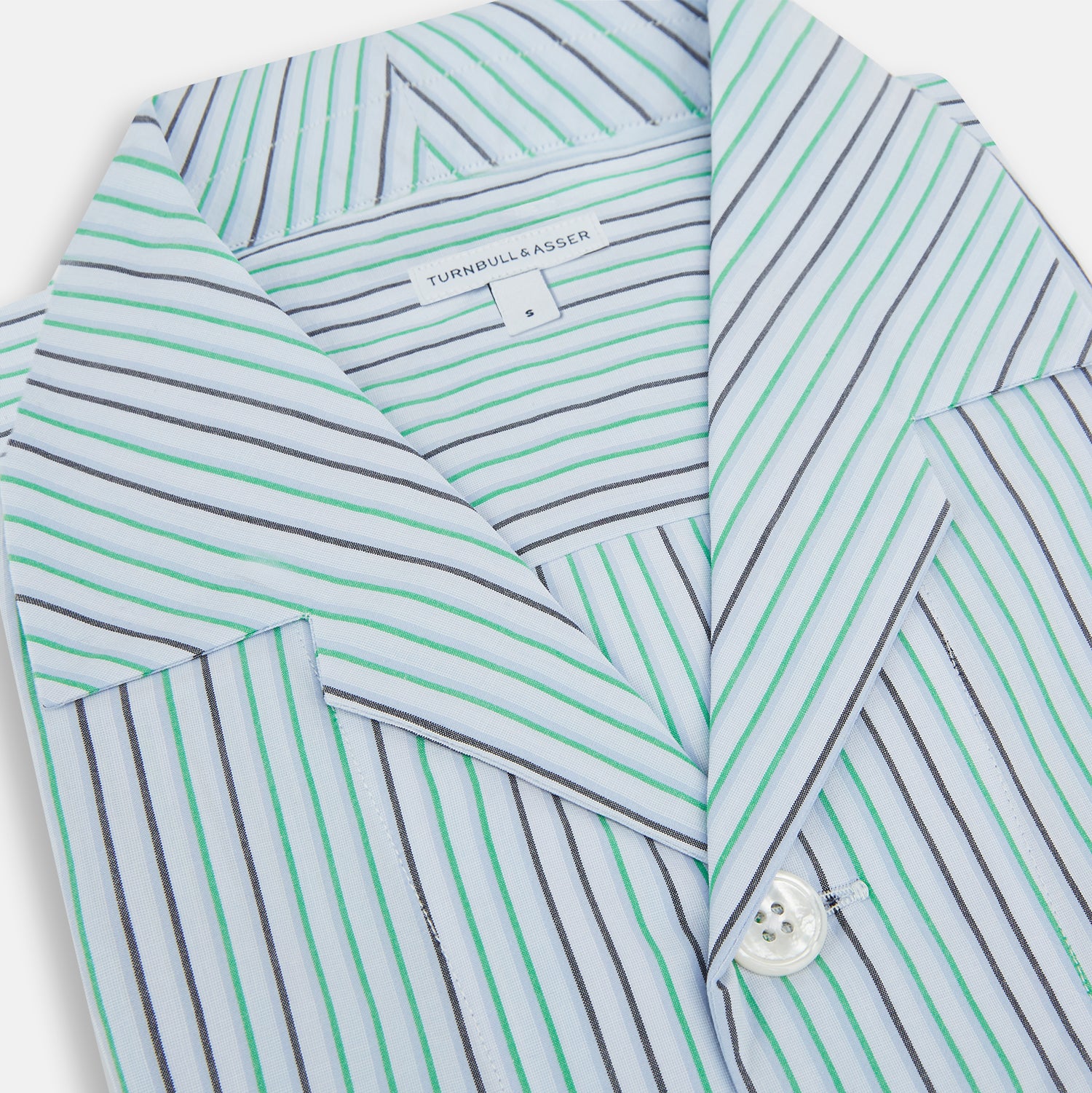 View 2 of product The Green and Blue Shadow Pinstripe Pyjama Shirt by Turnbull & Asser features long sleeves, a notched collar, chest pocket, and elegant green, pink, and white stripes—ideal for sophisticated loungewear or nightwear.