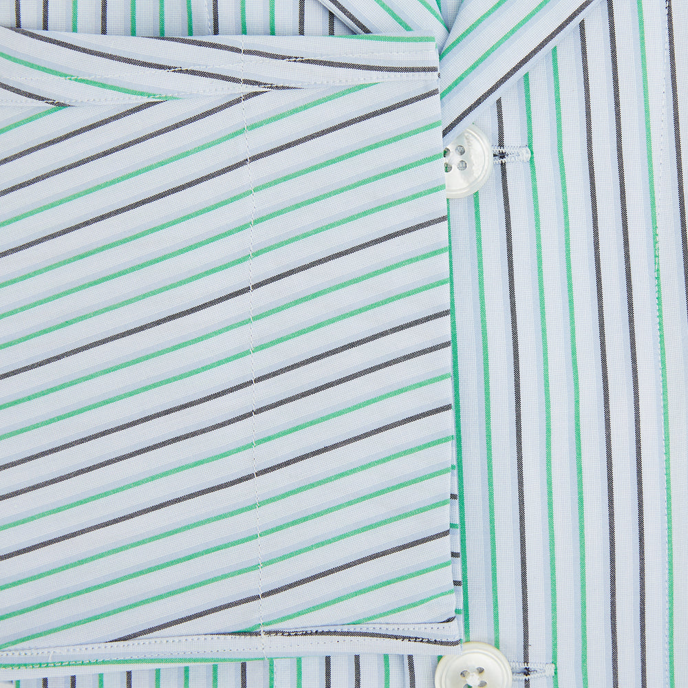 The Green and Blue Shadow Pinstripe Pyjama Shirt by Turnbull & Asser features long sleeves, a notched collar, chest pocket, and elegant green, pink, and white stripes—ideal for sophisticated loungewear or nightwear.