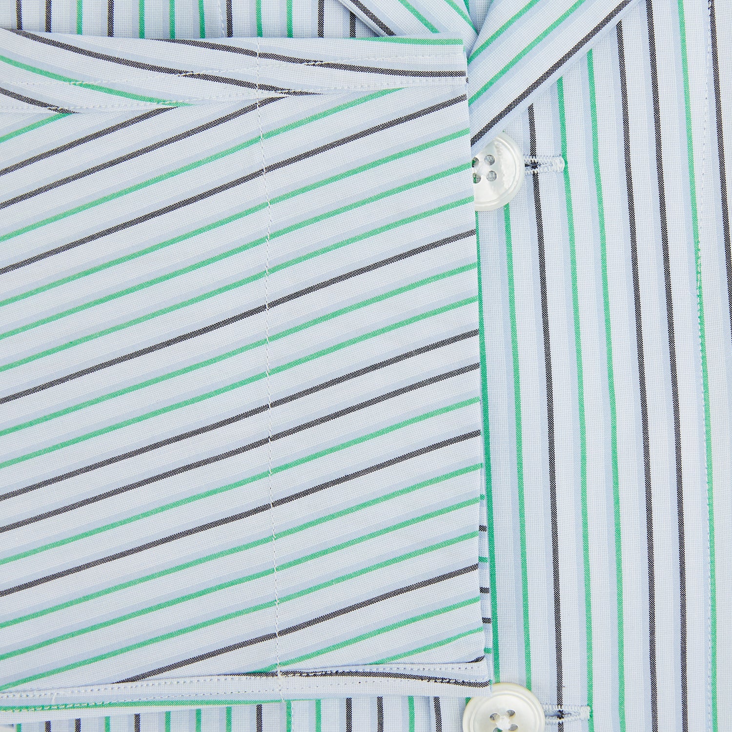View 4 of product The Green and Blue Shadow Pinstripe Pyjama Shirt by Turnbull & Asser features long sleeves, a notched collar, chest pocket, and elegant green, pink, and white stripes—ideal for sophisticated loungewear or nightwear.