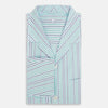 View 5 of product The Green and Blue Shadow Pinstripe Pyjama Shirt by Turnbull & Asser features long sleeves, a notched collar, chest pocket, and elegant green, pink, and white stripes—ideal for sophisticated loungewear or nightwear.