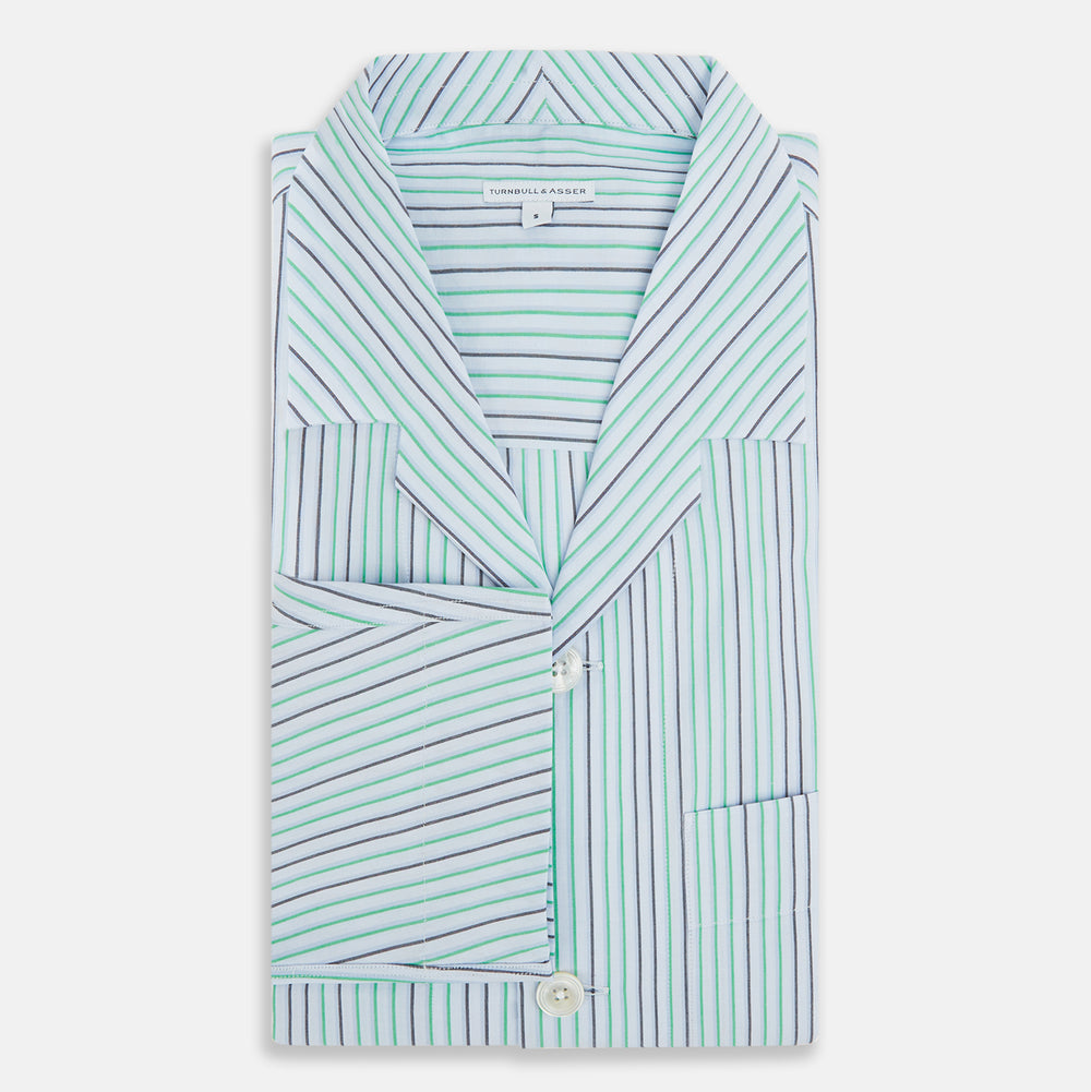 The Green and Blue Shadow Pinstripe Pyjama Shirt by Turnbull & Asser features long sleeves, a notched collar, chest pocket, and elegant green, pink, and white stripes—ideal for sophisticated loungewear or nightwear.