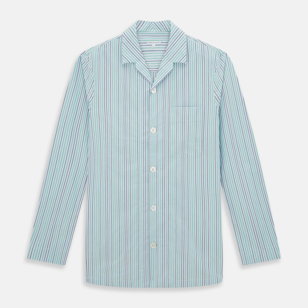 The Green and Blue Shadow Pinstripe Pyjama Shirt by Turnbull & Asser features long sleeves, a notched collar, chest pocket, and elegant green, pink, and white stripes—ideal for sophisticated loungewear or nightwear.