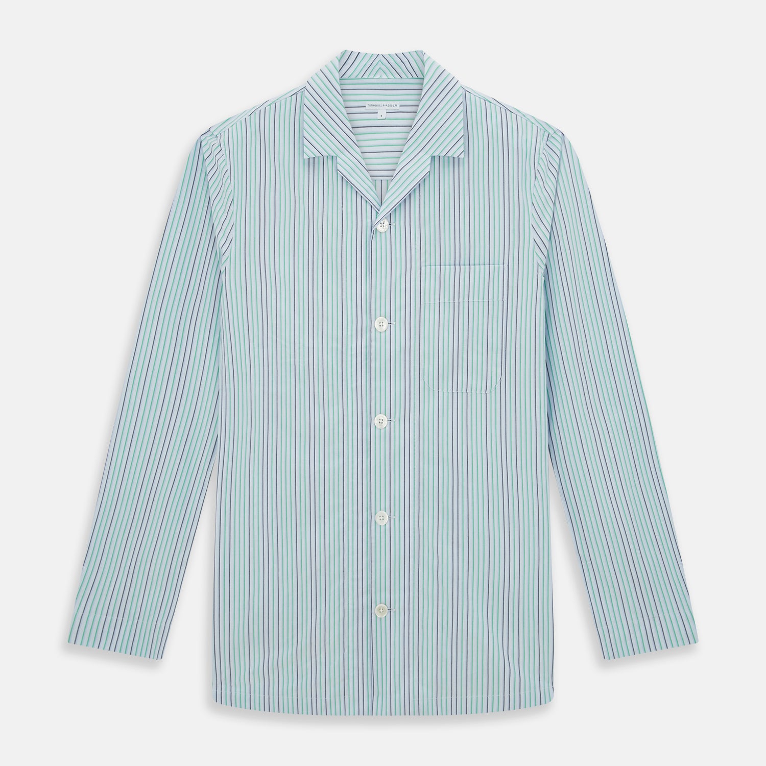 View 1 of product The Green and Blue Shadow Pinstripe Pyjama Shirt by Turnbull & Asser features long sleeves, a notched collar, chest pocket, and elegant green, pink, and white stripes—ideal for sophisticated loungewear or nightwear.