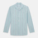 The Green and Blue Shadow Pinstripe Pyjama Shirt by Turnbull & Asser features long sleeves, a notched collar, chest pocket, and elegant green, pink, and white stripes—ideal for sophisticated loungewear or nightwear.