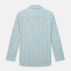 View 3 of product The Green and Blue Shadow Pinstripe Pyjama Shirt by Turnbull & Asser features long sleeves, a notched collar, chest pocket, and elegant green, pink, and white stripes—ideal for sophisticated loungewear or nightwear.