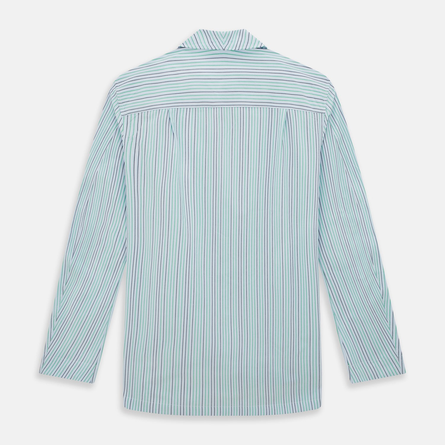 View 3 of product The Green and Blue Shadow Pinstripe Pyjama Shirt by Turnbull & Asser features long sleeves, a notched collar, chest pocket, and elegant green, pink, and white stripes—ideal for sophisticated loungewear or nightwear.