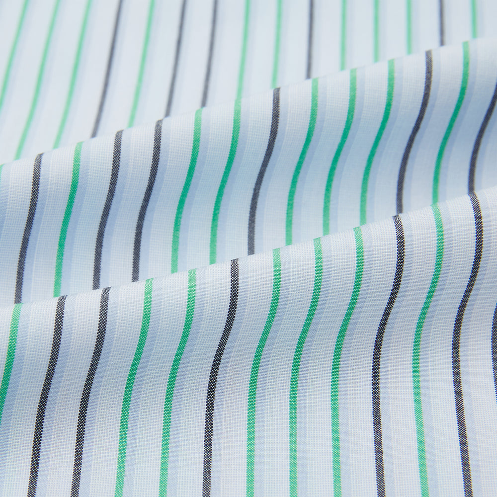 The Green and Blue Shadow Pinstripe Pyjama Shirt by Turnbull & Asser features long sleeves, a notched collar, chest pocket, and elegant green, pink, and white stripes—ideal for sophisticated loungewear or nightwear.