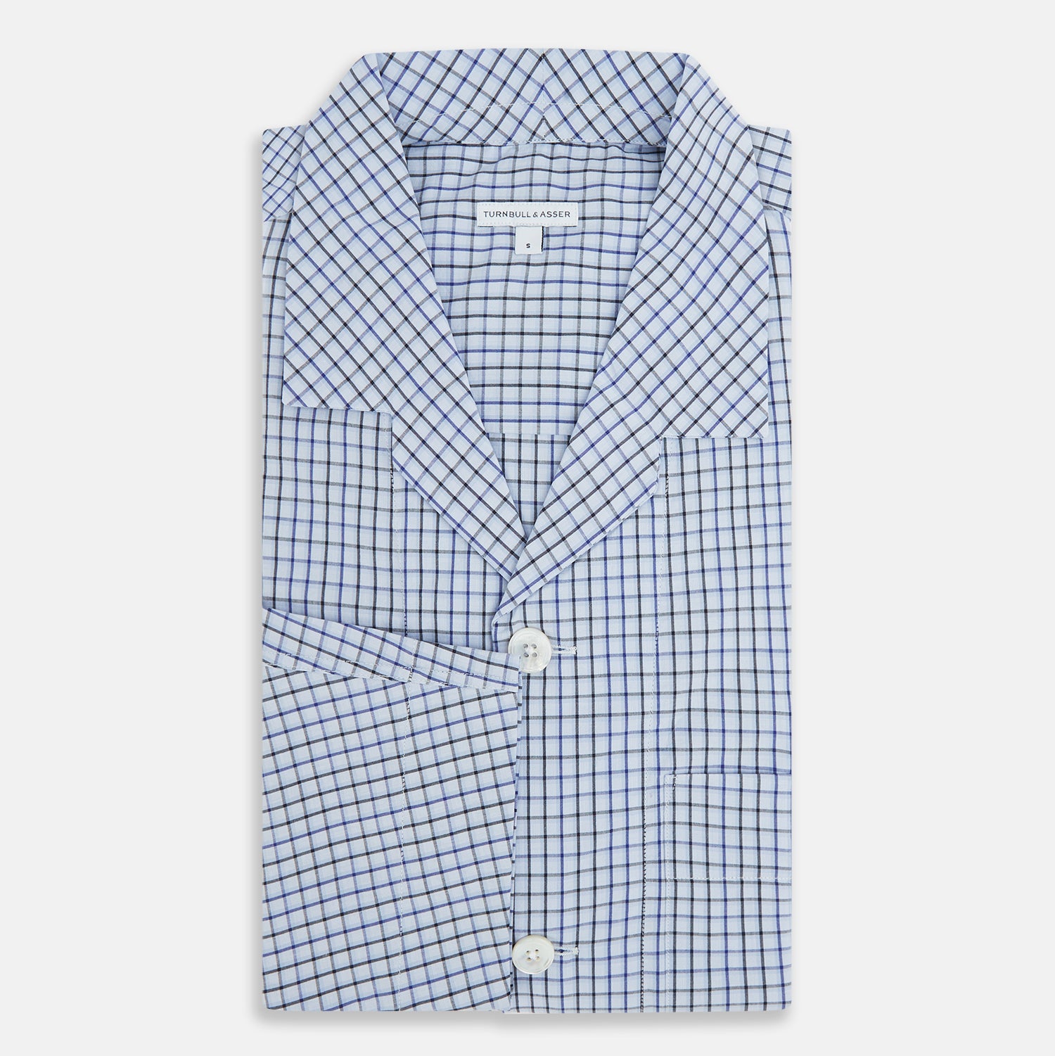 View 5 of product The Turnbull & Asser Blue Shadow Check Pyjama Shirt features long sleeves, a button-up front, collar, and chest pocket—ideal for refined loungewear or stylish nightwear.
