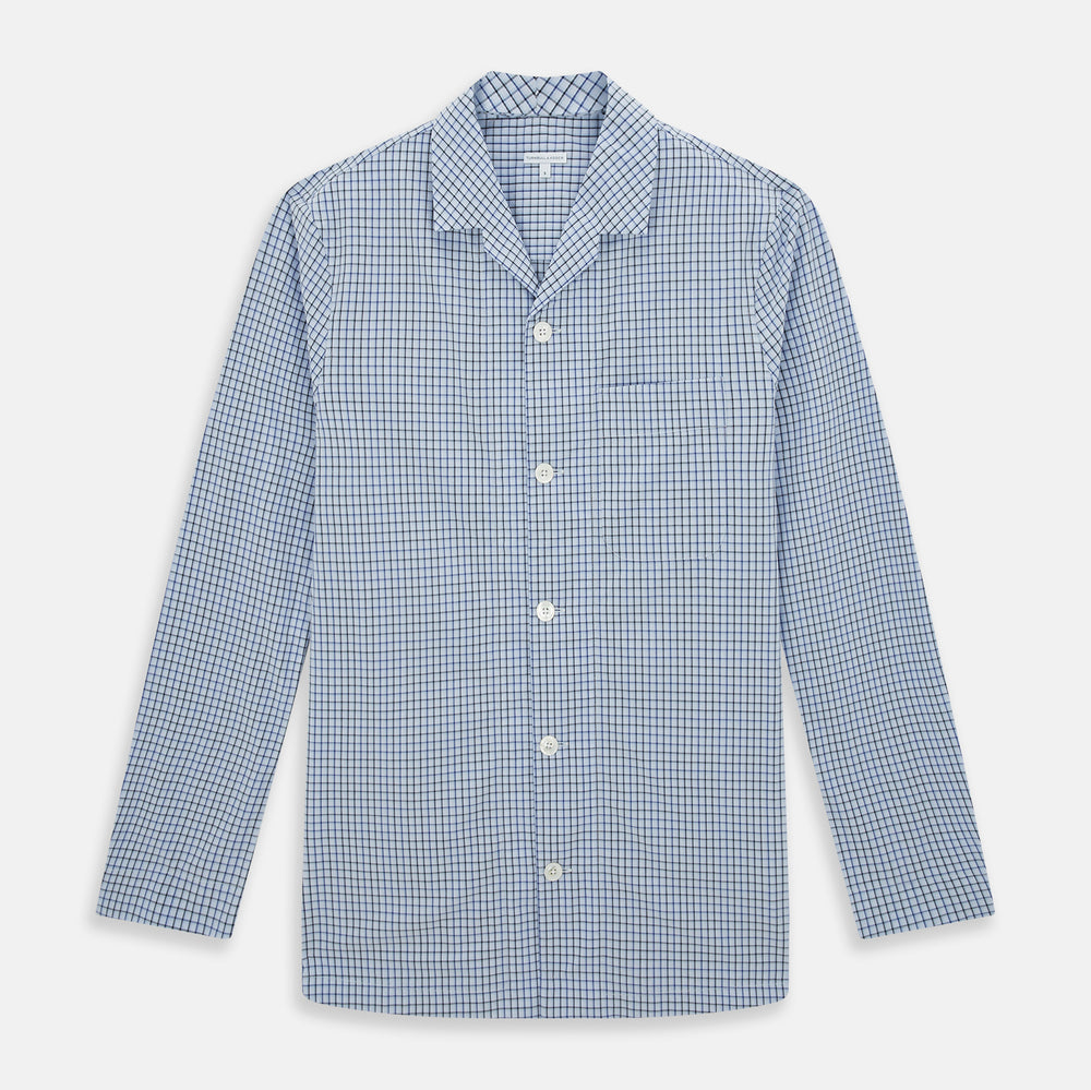 The Turnbull & Asser Blue Shadow Check Pyjama Shirt features long sleeves, a button-up front, collar, and chest pocket—ideal for refined loungewear or stylish nightwear.