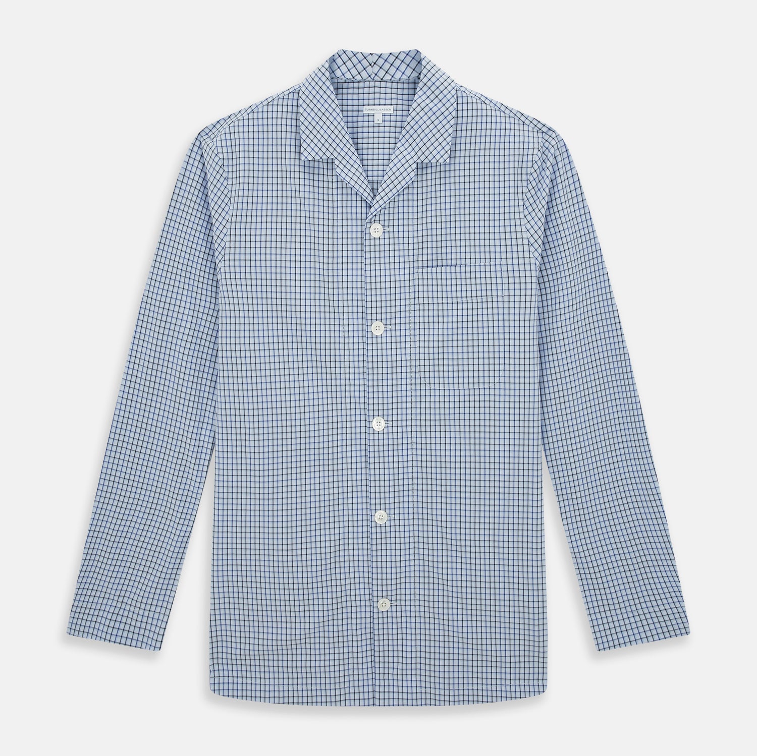View 1 of product The Turnbull & Asser Blue Shadow Check Pyjama Shirt features long sleeves, a button-up front, collar, and chest pocket—ideal for refined loungewear or stylish nightwear.