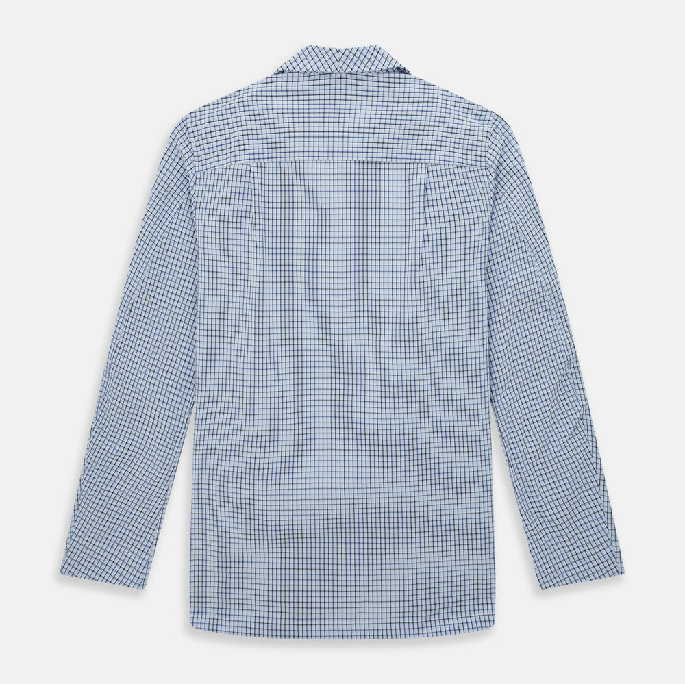The Turnbull & Asser Blue Shadow Check Pyjama Shirt features long sleeves, a button-up front, collar, and chest pocket—ideal for refined loungewear or stylish nightwear.