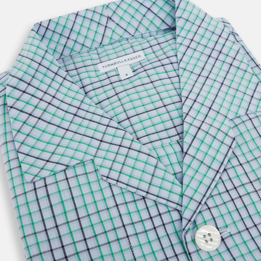 The Turnbull & Asser Green and Blue Shadow Check Pyjama Shirt, with a collar and chest pocket, is perfect loungewear or nightwear; shown laid flat on a white background.