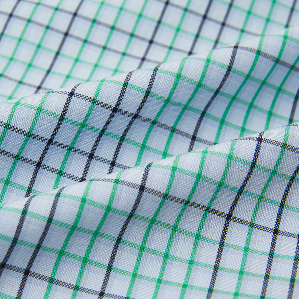 Turnbull & Asser Green and Blue Shadow Check Pyjama Trousers feature an elastic waistband and drawstring, shown flat on a white background. Ideal to pair with your favorite cotton T-shirt for a cozy night's sleep.