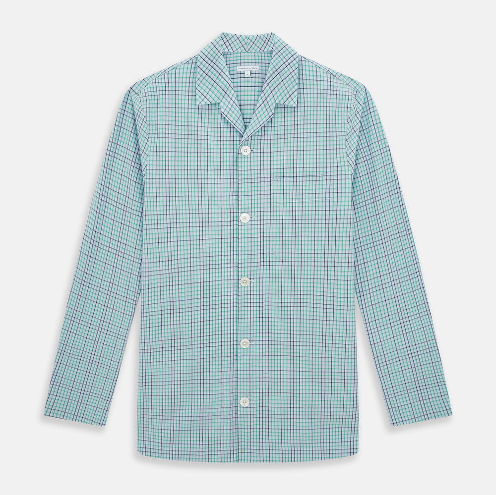 The Turnbull & Asser Green and Blue Shadow Check Pyjama Shirt, with a collar and chest pocket, is perfect loungewear or nightwear; shown laid flat on a white background.