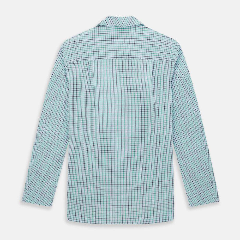 The Turnbull & Asser Green and Blue Shadow Check Pyjama Shirt, with a collar and chest pocket, is perfect loungewear or nightwear; shown laid flat on a white background.