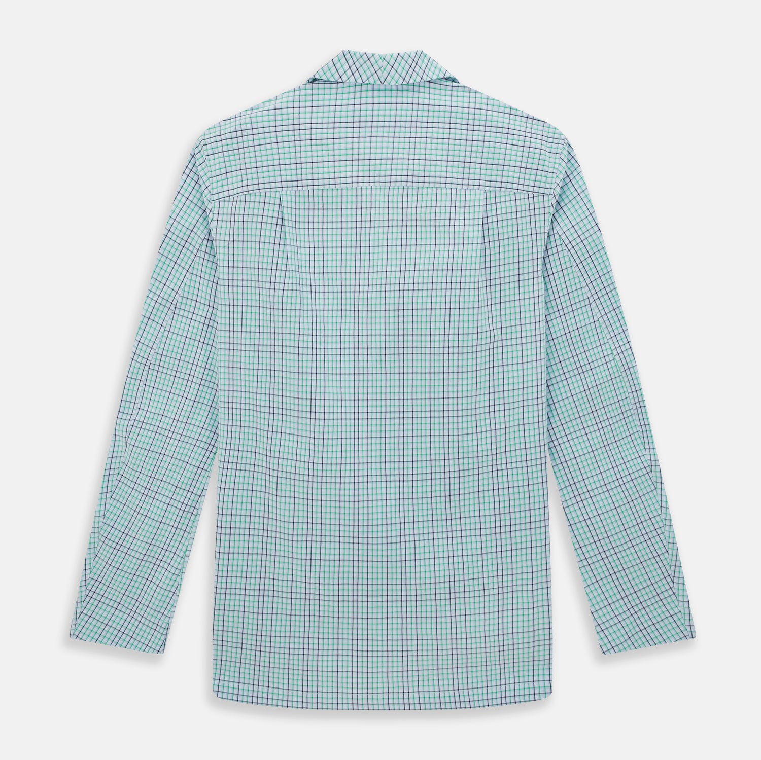 View 3 of product The Turnbull & Asser Green and Blue Shadow Check Pyjama Shirt, with a collar and chest pocket, is perfect loungewear or nightwear; shown laid flat on a white background.