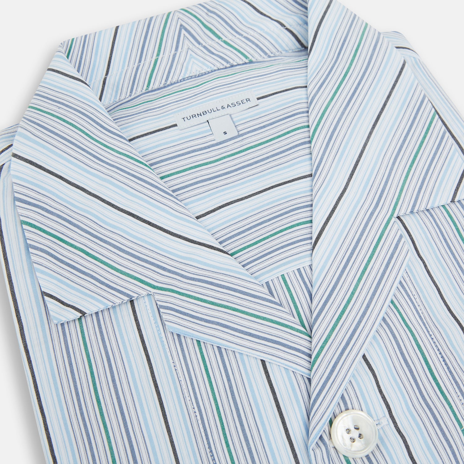 View 2 of product The Turnbull & Asser Blue and Green Multi Track Stripe Pyjama Shirt is a long-sleeve, button-up with collar and chest pocket, featuring blue and green stripes—ideal for stylish loungewear or nightwear.
