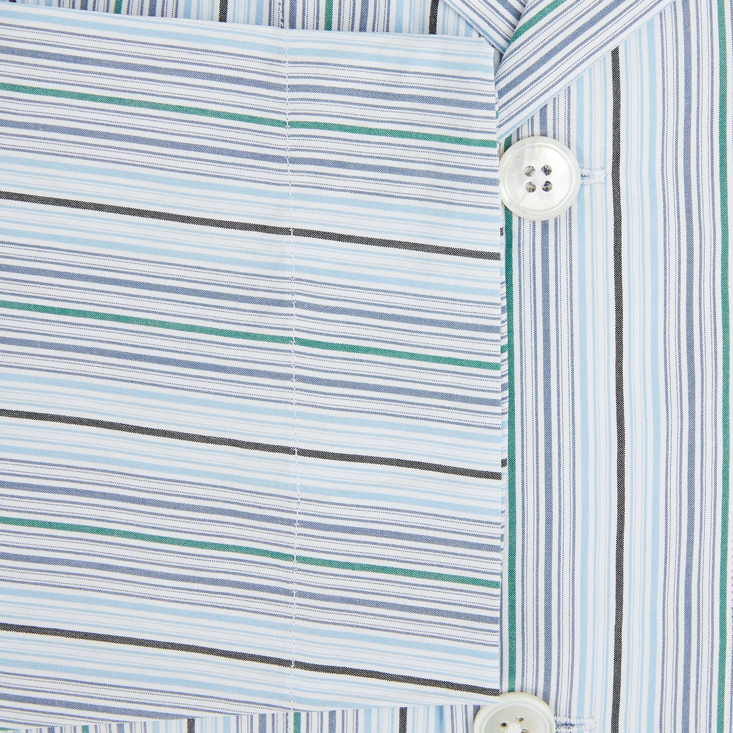 View 4 of product The Turnbull & Asser Blue and Green Multi Track Stripe Pyjama Shirt is a long-sleeve, button-up with collar and chest pocket, featuring blue and green stripes—ideal for stylish loungewear or nightwear.