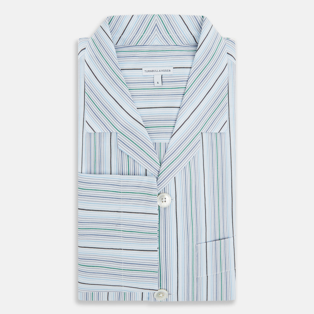 The Turnbull & Asser Blue and Green Multi Track Stripe Pyjama Shirt is a long-sleeve, button-up with collar and chest pocket, featuring blue and green stripes—ideal for stylish loungewear or nightwear.
