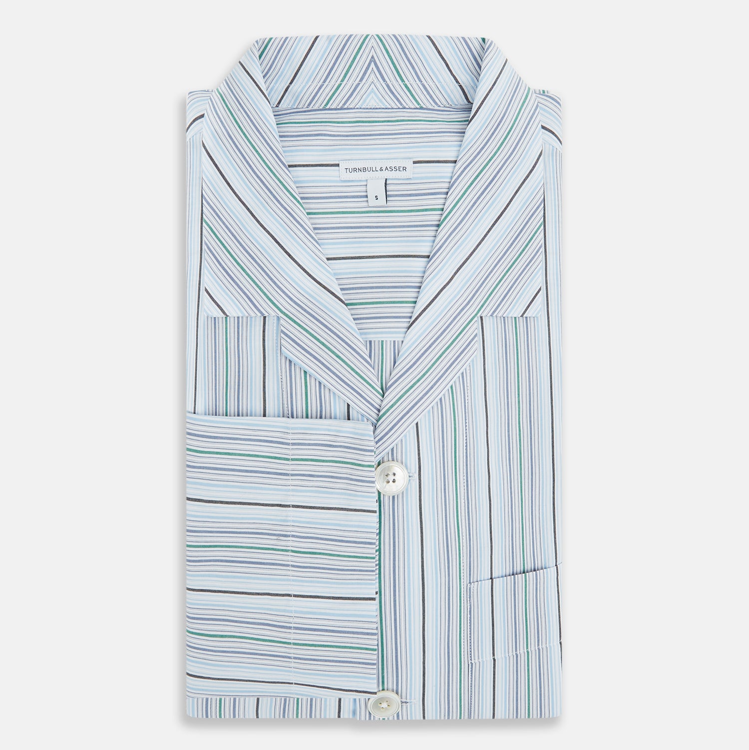 View 5 of product The Turnbull & Asser Blue and Green Multi Track Stripe Pyjama Shirt is a long-sleeve, button-up with collar and chest pocket, featuring blue and green stripes—ideal for stylish loungewear or nightwear.