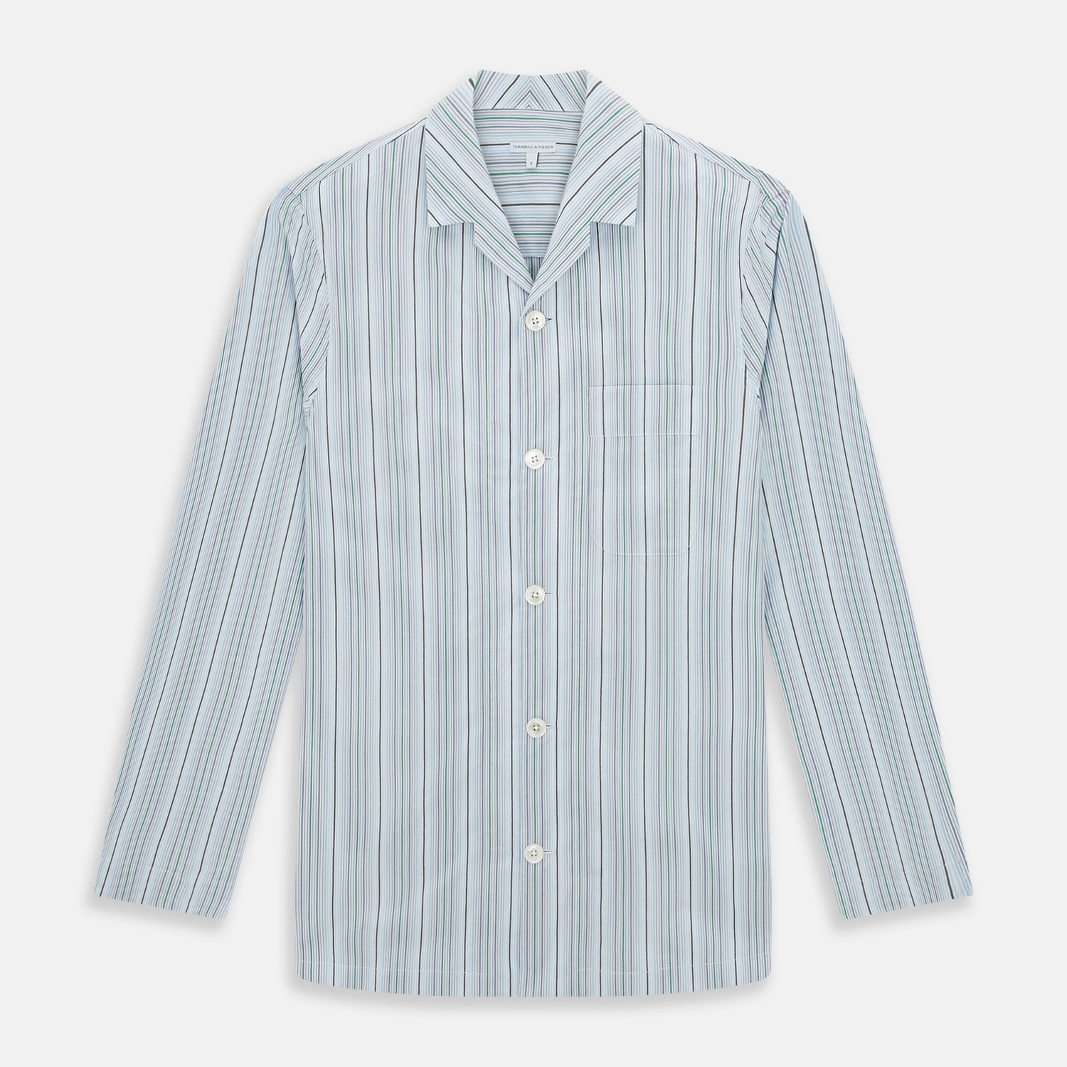 View 1 of product The Turnbull & Asser Blue and Green Multi Track Stripe Pyjama Shirt is a long-sleeve, button-up with collar and chest pocket, featuring blue and green stripes—ideal for stylish loungewear or nightwear.