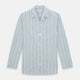 The Turnbull & Asser Blue and Green Multi Track Stripe Pyjama Shirt is a long-sleeve, button-up with collar and chest pocket, featuring blue and green stripes—ideal for stylish loungewear or nightwear.