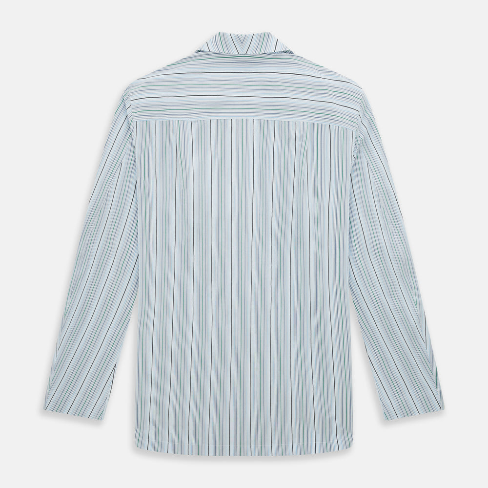 The Turnbull & Asser Blue and Green Multi Track Stripe Pyjama Shirt is a long-sleeve, button-up with collar and chest pocket, featuring blue and green stripes—ideal for stylish loungewear or nightwear.