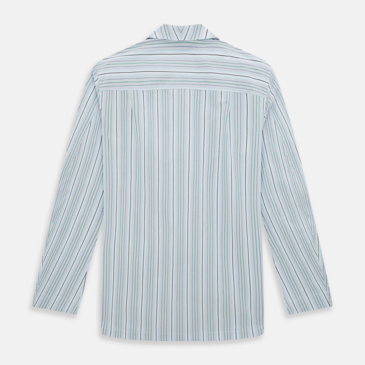 View 3 of product The Turnbull & Asser Blue and Green Multi Track Stripe Pyjama Shirt is a long-sleeve, button-up with collar and chest pocket, featuring blue and green stripes—ideal for stylish loungewear or nightwear.